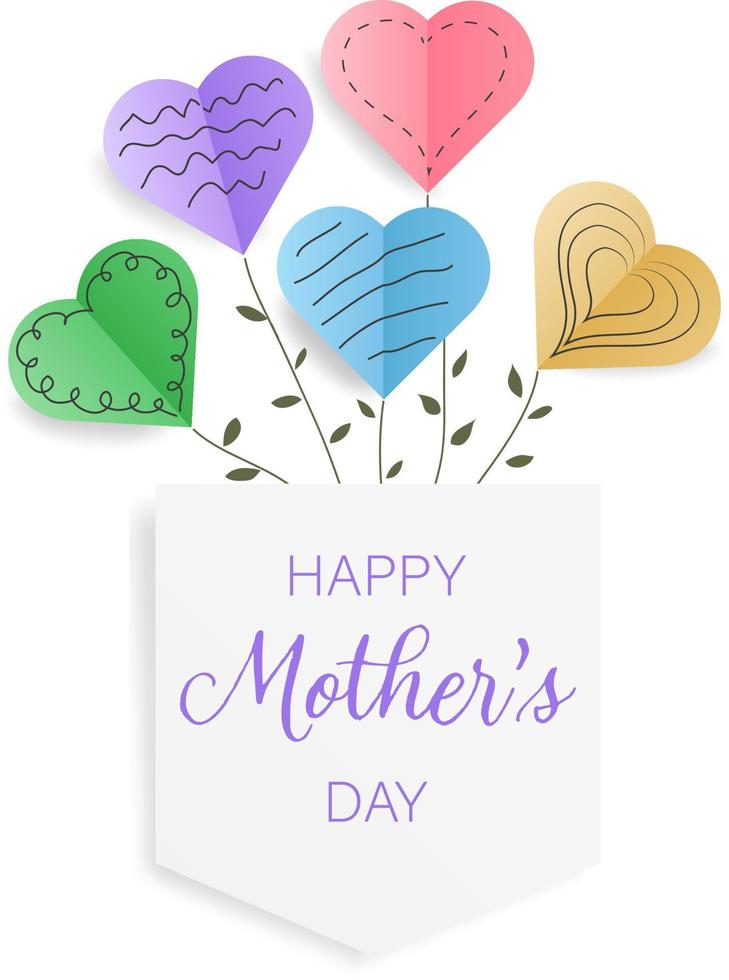 Mother's day card with paper elements. Vector hearts in pocket greeting card design