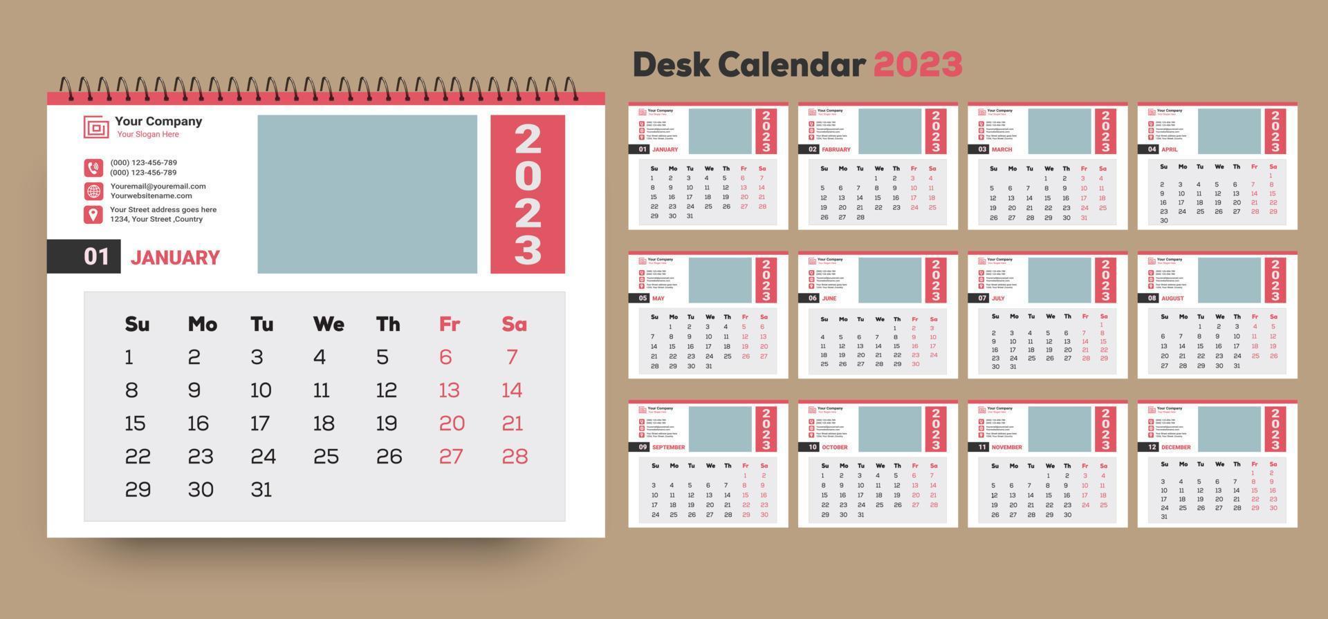 plantilla de calendario de escritorio de estilo mínimo 2023 con lugar para foto, logotipo de la empresa e información de la empresa. vector