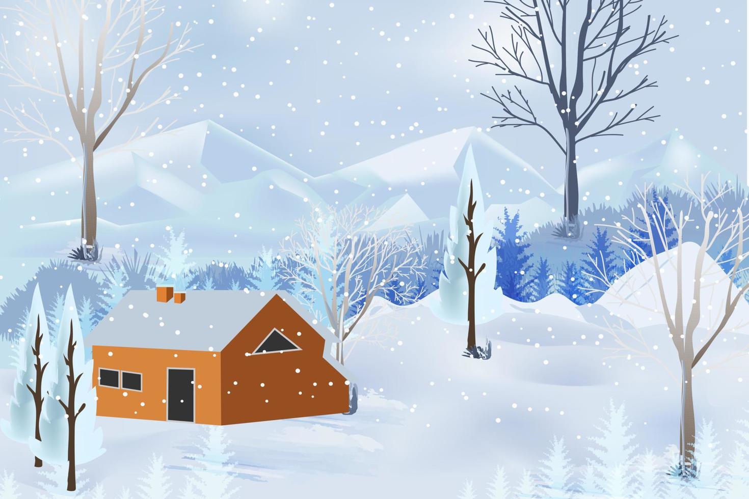 paisaje de montañas de invierno con fondo de casa y árboles vector