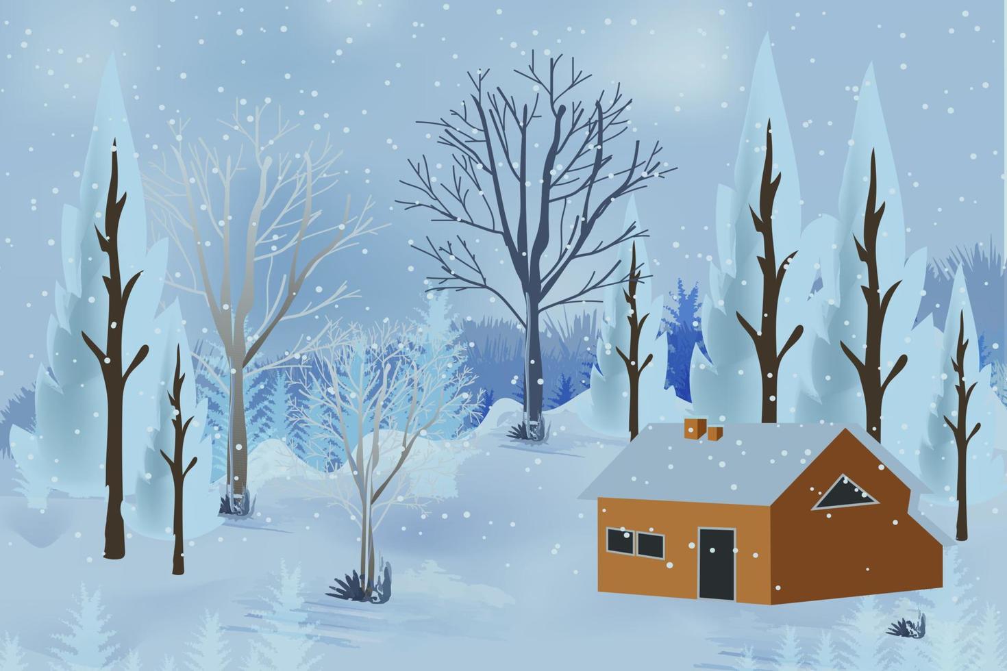 Winter Mountains Landscape With House And Trees Background vector
