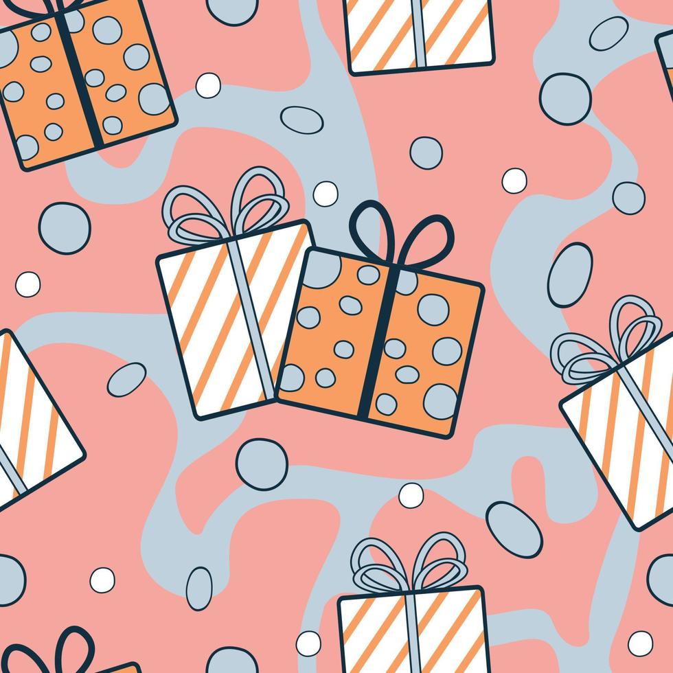 Festive pattern with gifts. Seamless vector illustration. On a two-tone background. Blue and pink. Christmas, Valentine's Day, birthday. gift boxes. For wrapping paper, card, web, fabric