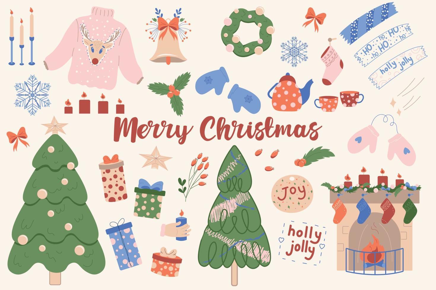 Christmas illustrations set with Christmas trees, fireplace, home Christmas decor, candles, berries, worm clothes and lettering. Happy New Year and Merry Christmas. vector