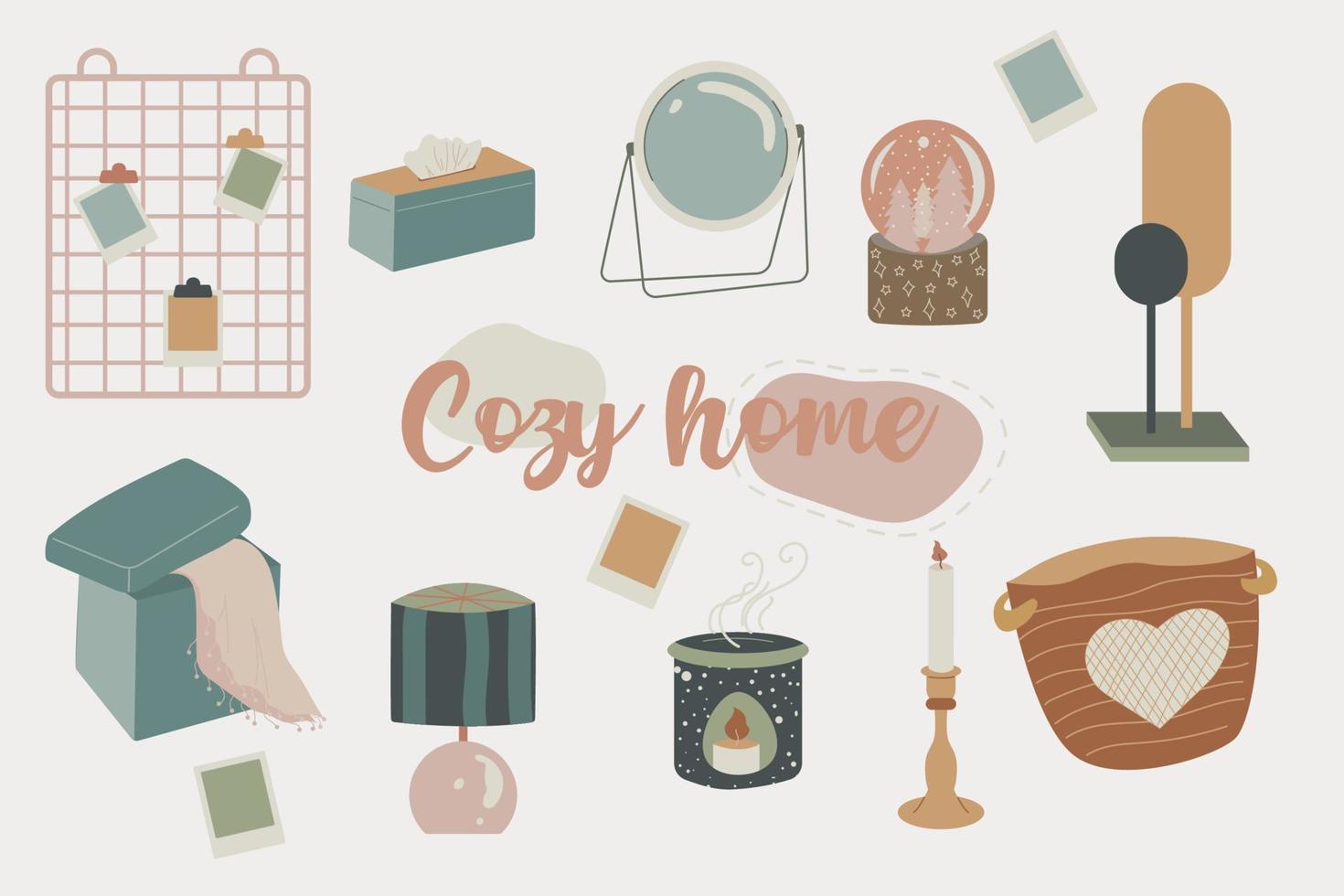 Cozy home decor set, hygge aesthetic home objects. organizer, mirror, decor, laundry baskets, lamp, candles and lettering. Hand drawn autumn home cozy elements in Scandinavian style. vector