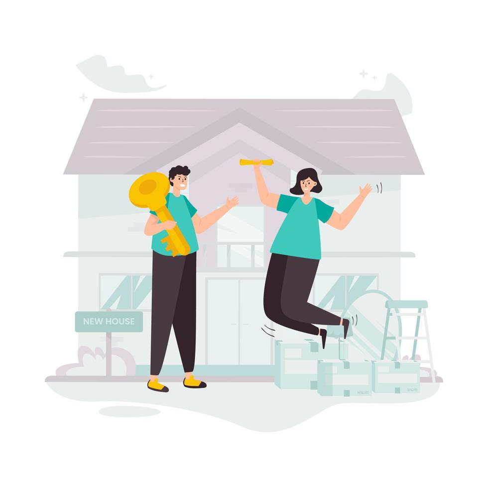 pareja feliz mudándose a una nueva casa ilustración plana vector