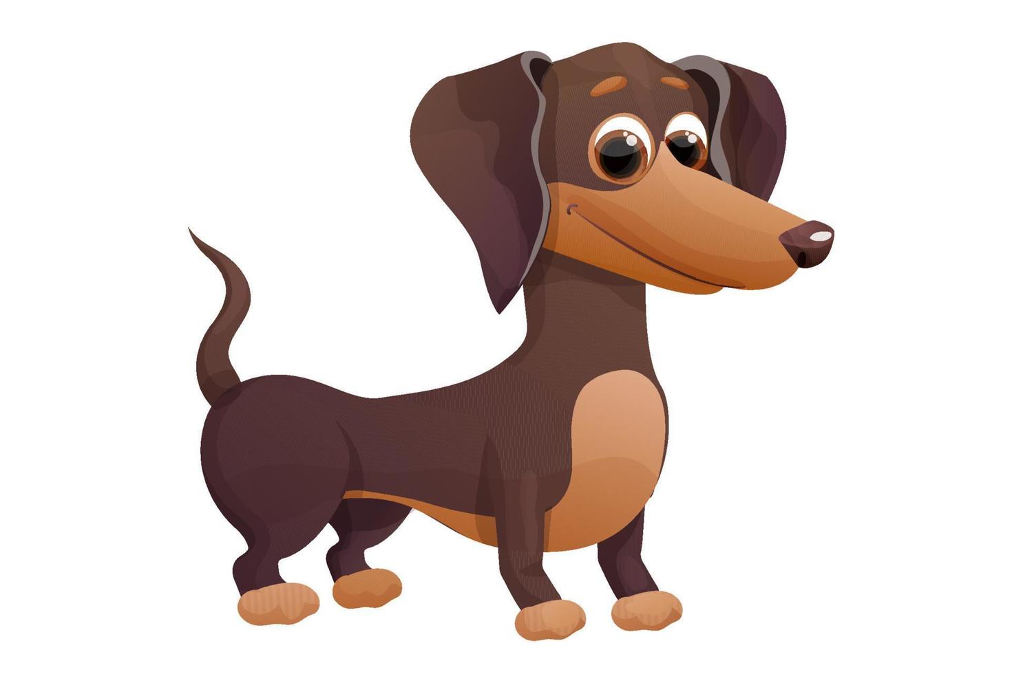 lindo cachorro dachshund, de pie y sonriendo en estilo de dibujos animados, personaje de mascota brillante aislado sobre fondo blanco. ilustración vectorial vector