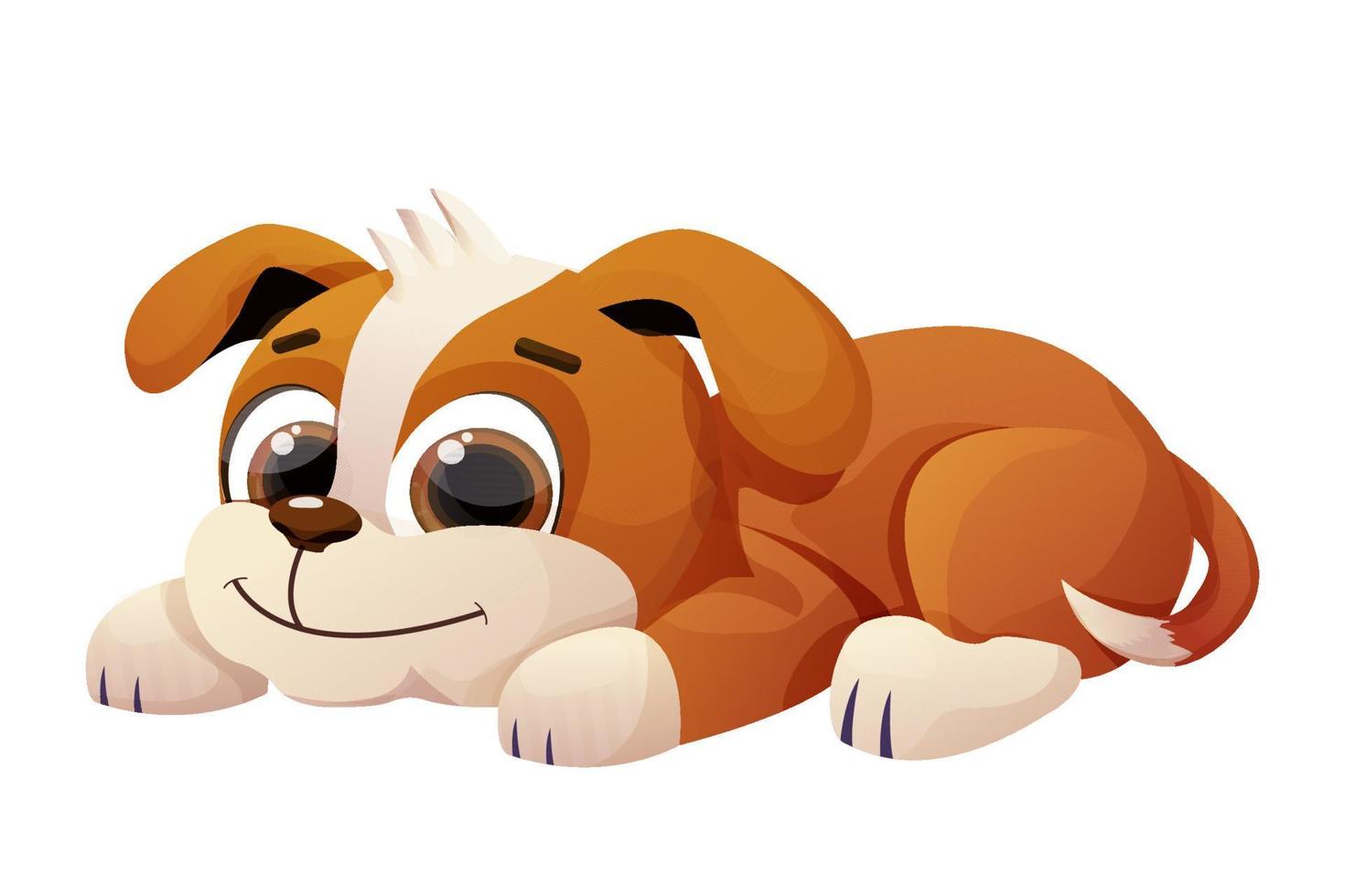 Puppy lying, cute dog child, pet with adorable tail in comic cartoon style isolated on white background. Emotional character. Vector illustration