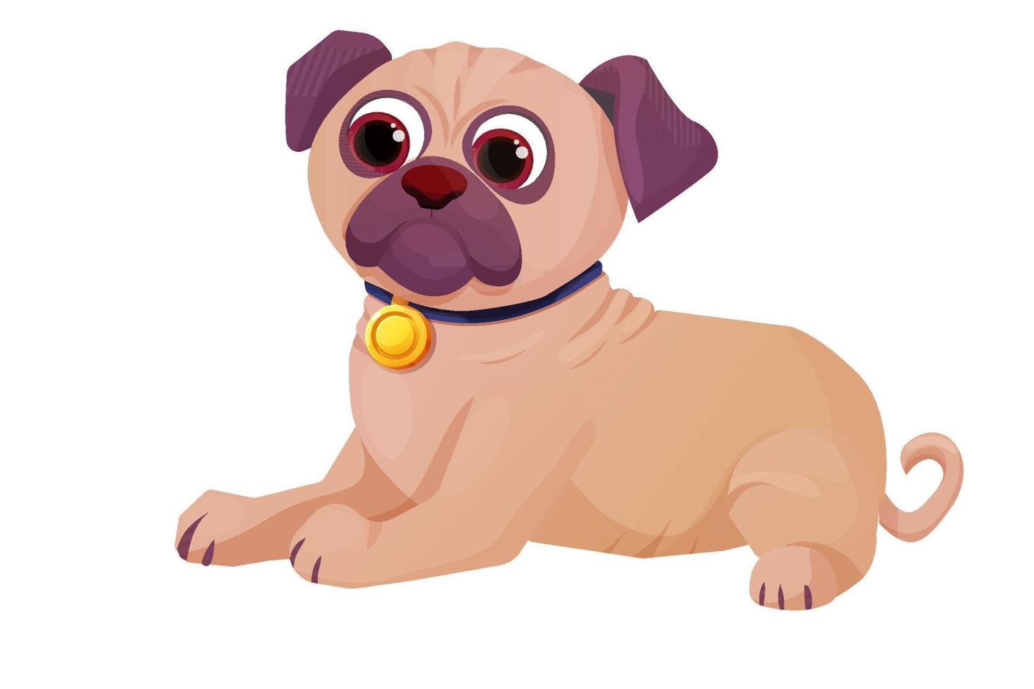 Pug cute, comic dog puppy with collar and golden coin in cartoon style isolated on white background. Vector illustration