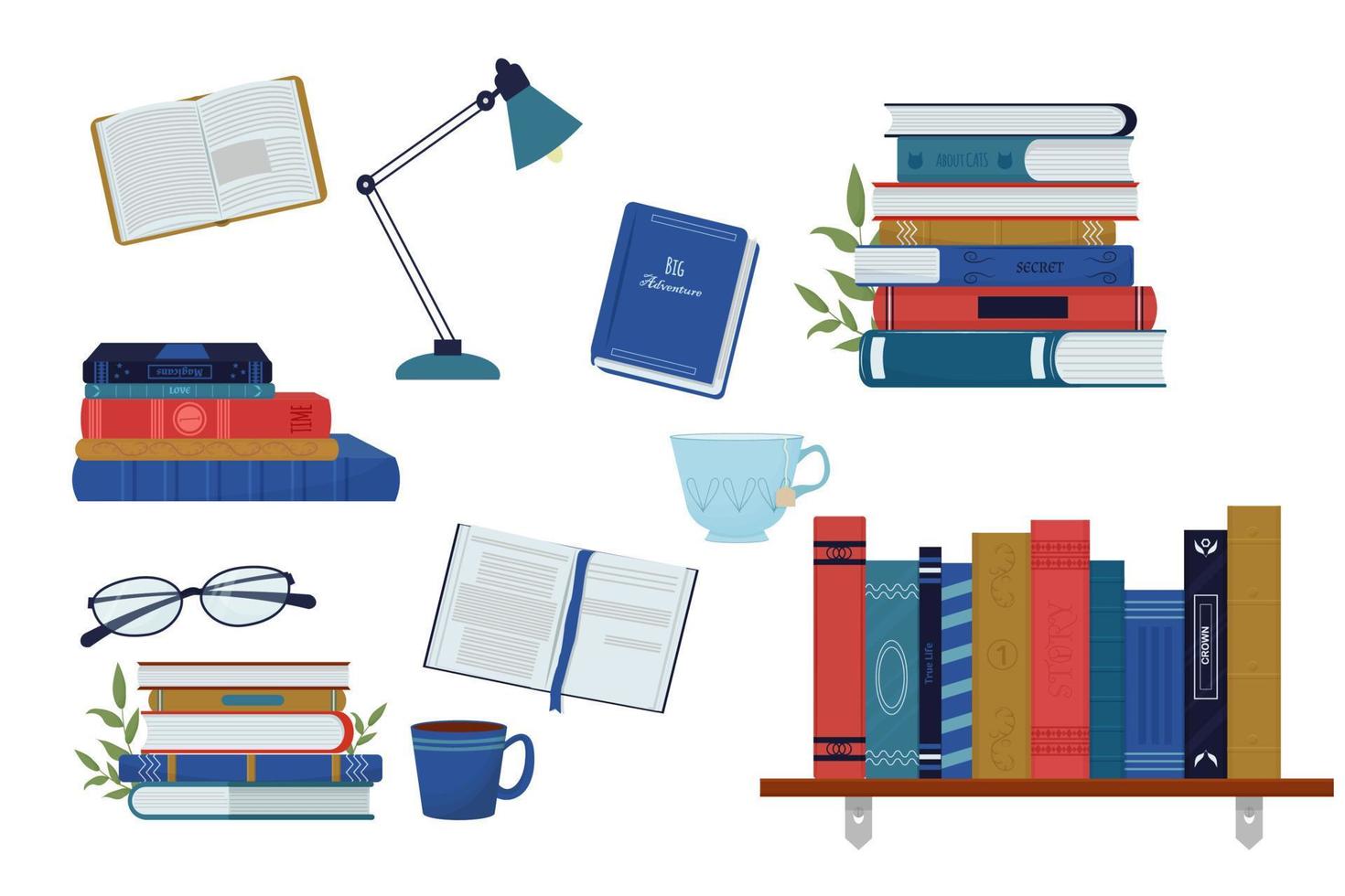 Set, collection stack of books, bookshelf, in different views open and closed, glasses, table lamp and cup with drink isolated on white background in cartoon style. Vector illustration
