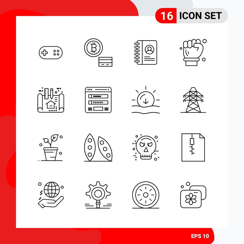 conjunto creativo de 16 iconos de contorno universal aislados sobre fondo blanco fondo de vector de icono negro creativo