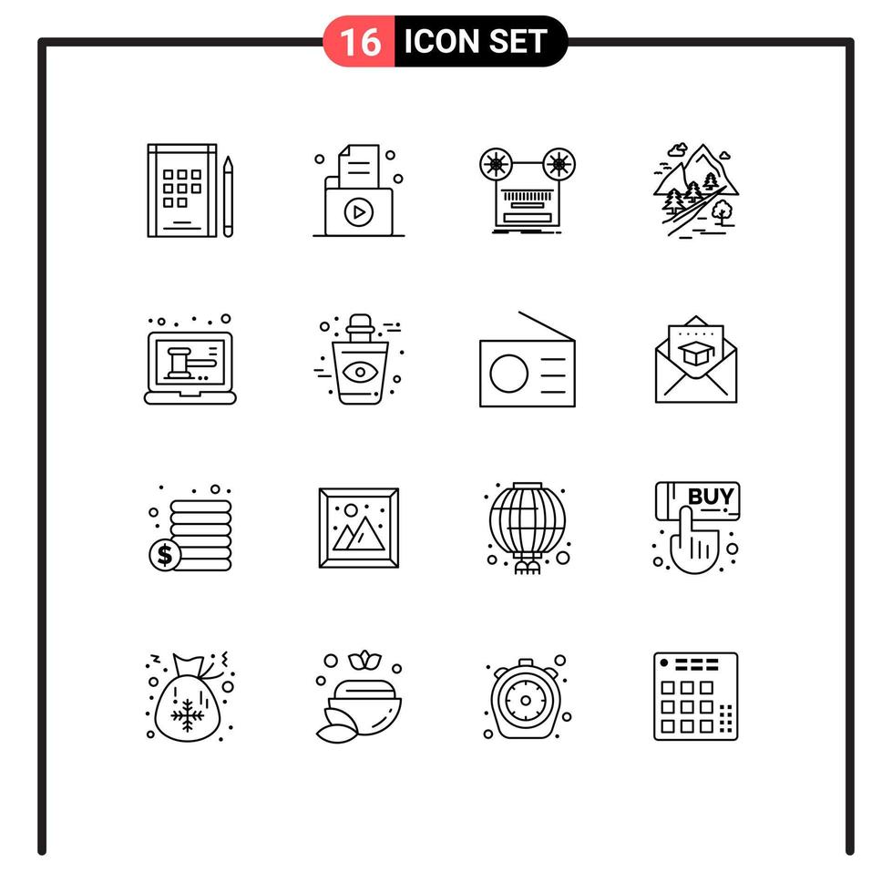 16 User Interface Outline Pack of modern Signs and Symbols of nature hill record tree music Editable Vector Design Elements