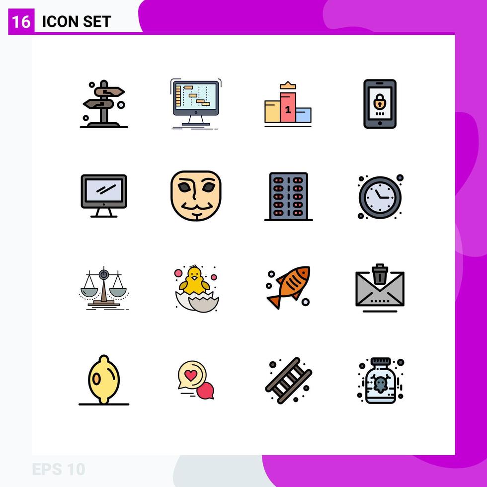 Flat Color Filled Line Pack of 16 Universal Symbols of security lock digital encryption first place Editable Creative Vector Design Elements