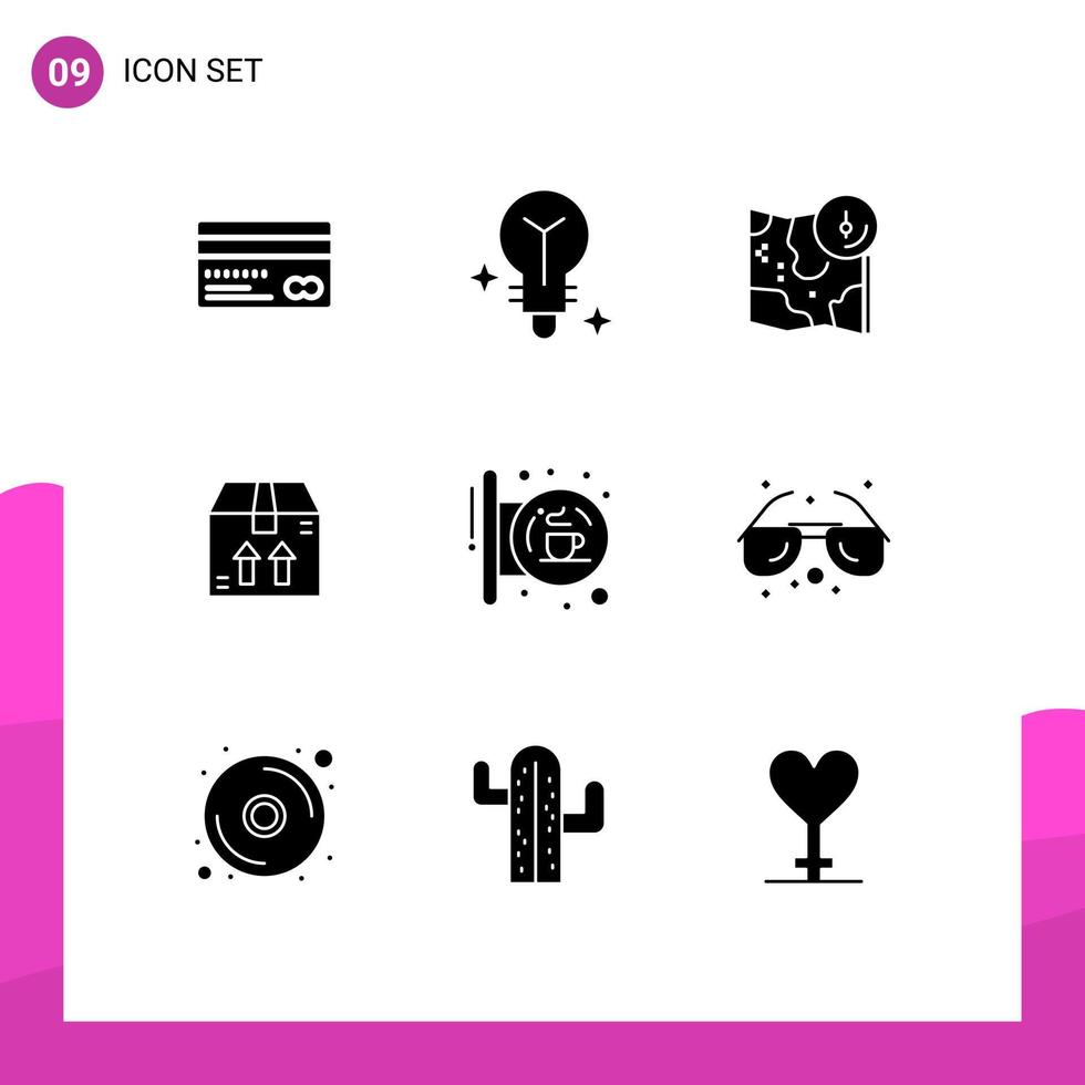 Editable Vector Line Pack of 9 Simple Solid Glyphs of coffee package map ecommerce location Editable Vector Design Elements