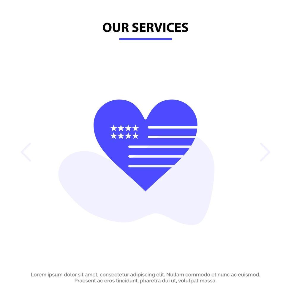 nuestros servicios corazón amor bandera americana icono de glifo sólido plantilla de tarjeta web vector