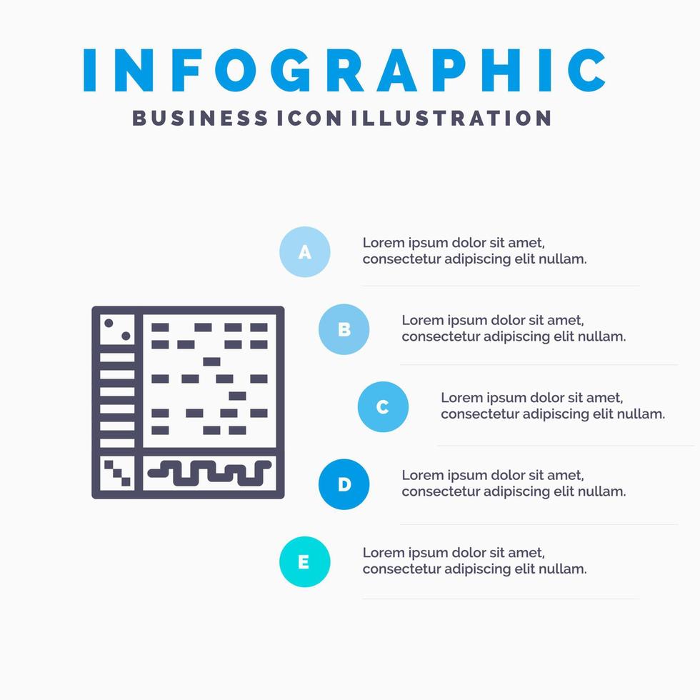 icono de línea de dibujo de computadora de audio de aplicación de ableton con fondo de infografía de presentación de 5 pasos vector