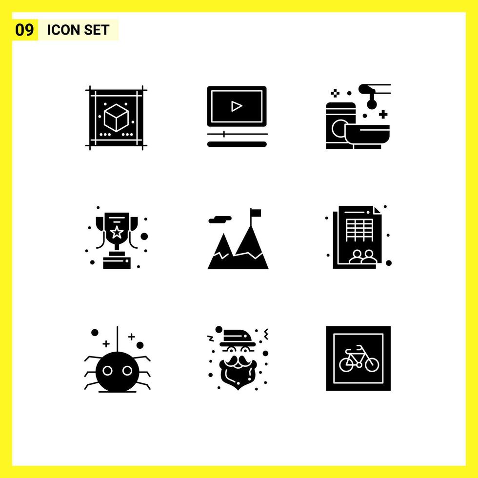 Editable Vector Line Pack of 9 Simple Solid Glyphs of business trophy relax reward web Editable Vector Design Elements