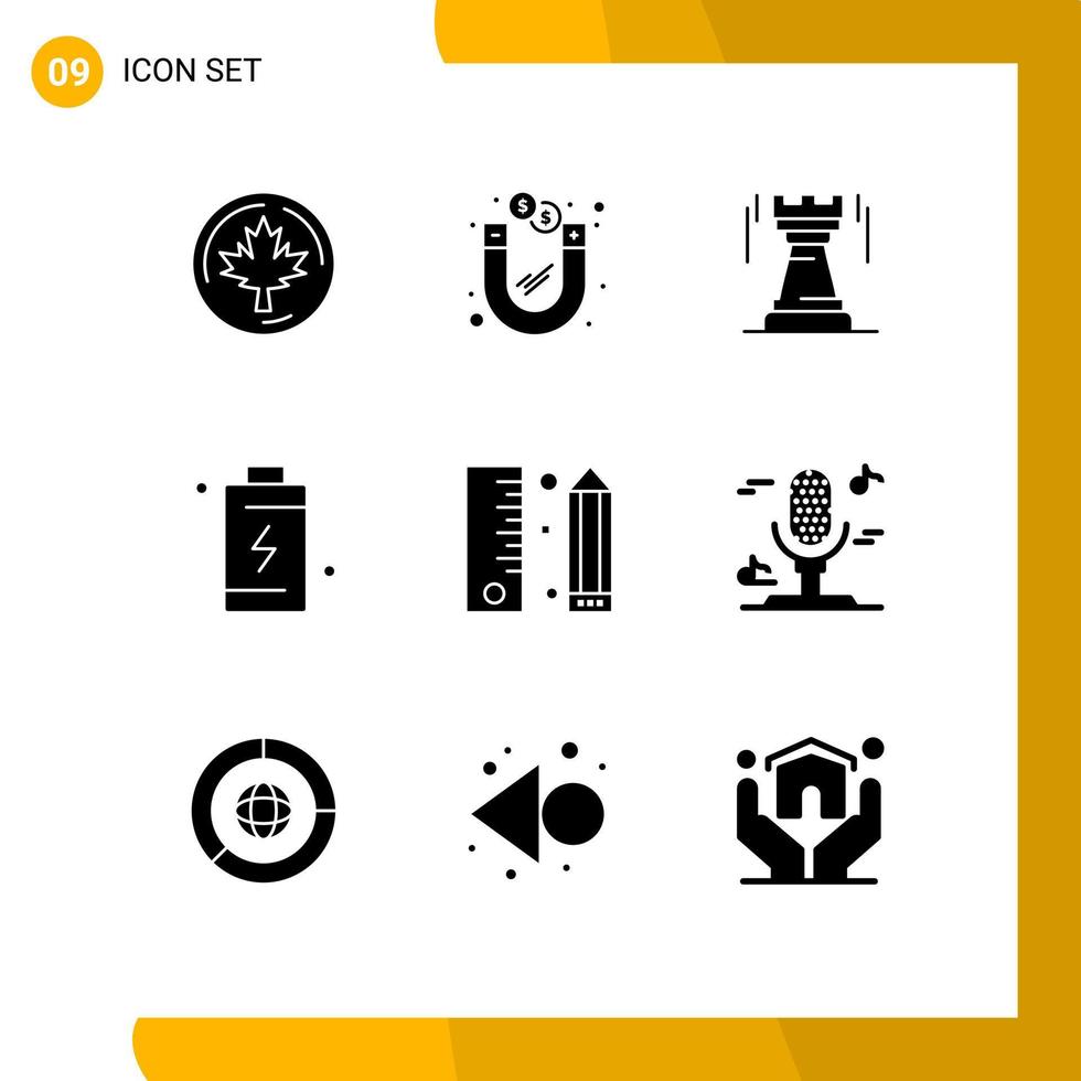 Editable Vector Line Pack of 9 Simple Solid Glyphs of energy charge castle cell fort Editable Vector Design Elements