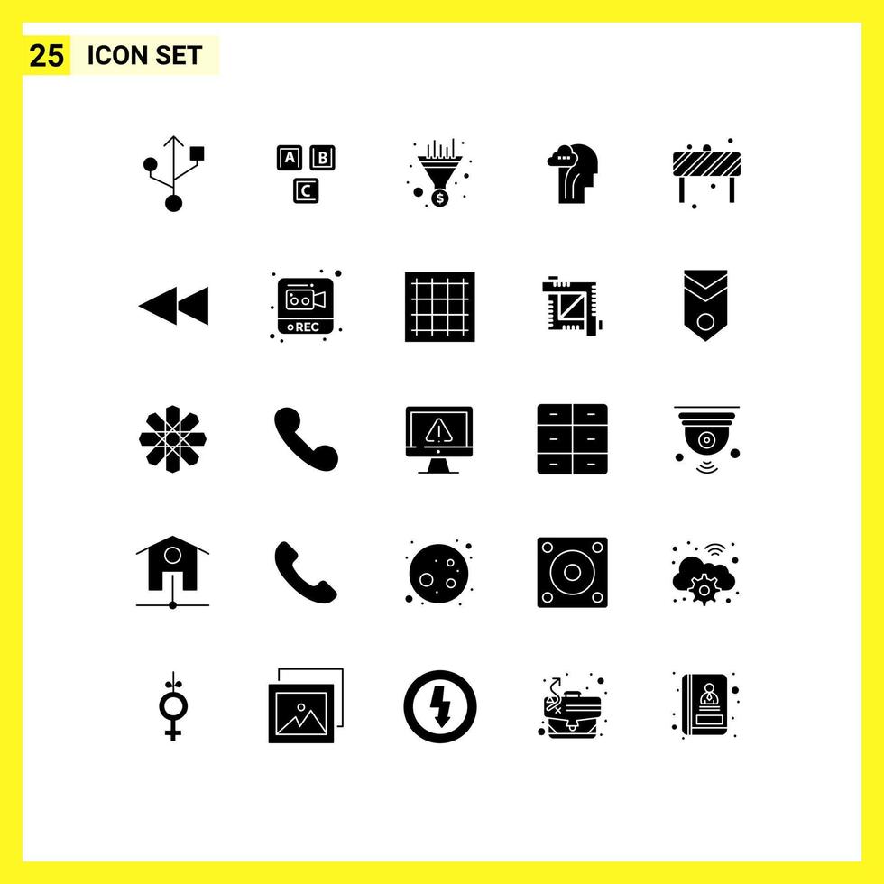 25 Thematic Vector Solid Glyphs and Editable Symbols of road attention funnel head brain Editable Vector Design Elements