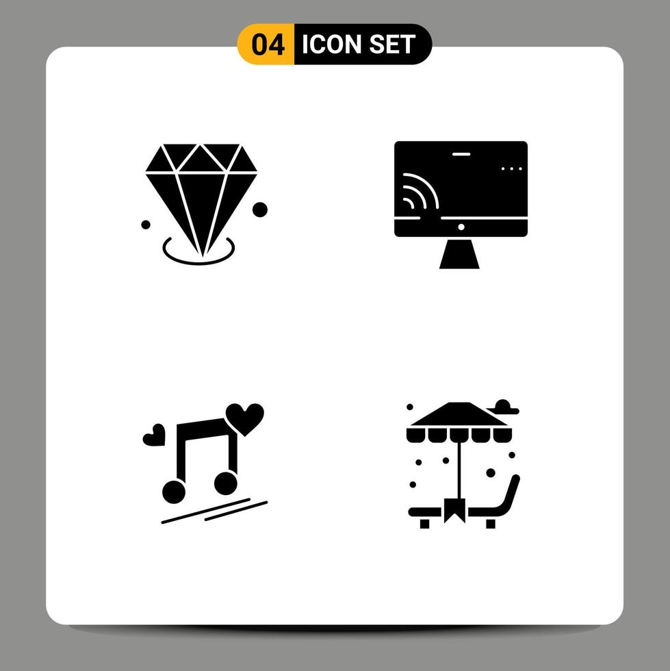 Universal Icon Symbols Group of 4 Modern Solid Glyphs of diamonf node jewelry screen love Editable Vector Design Elements