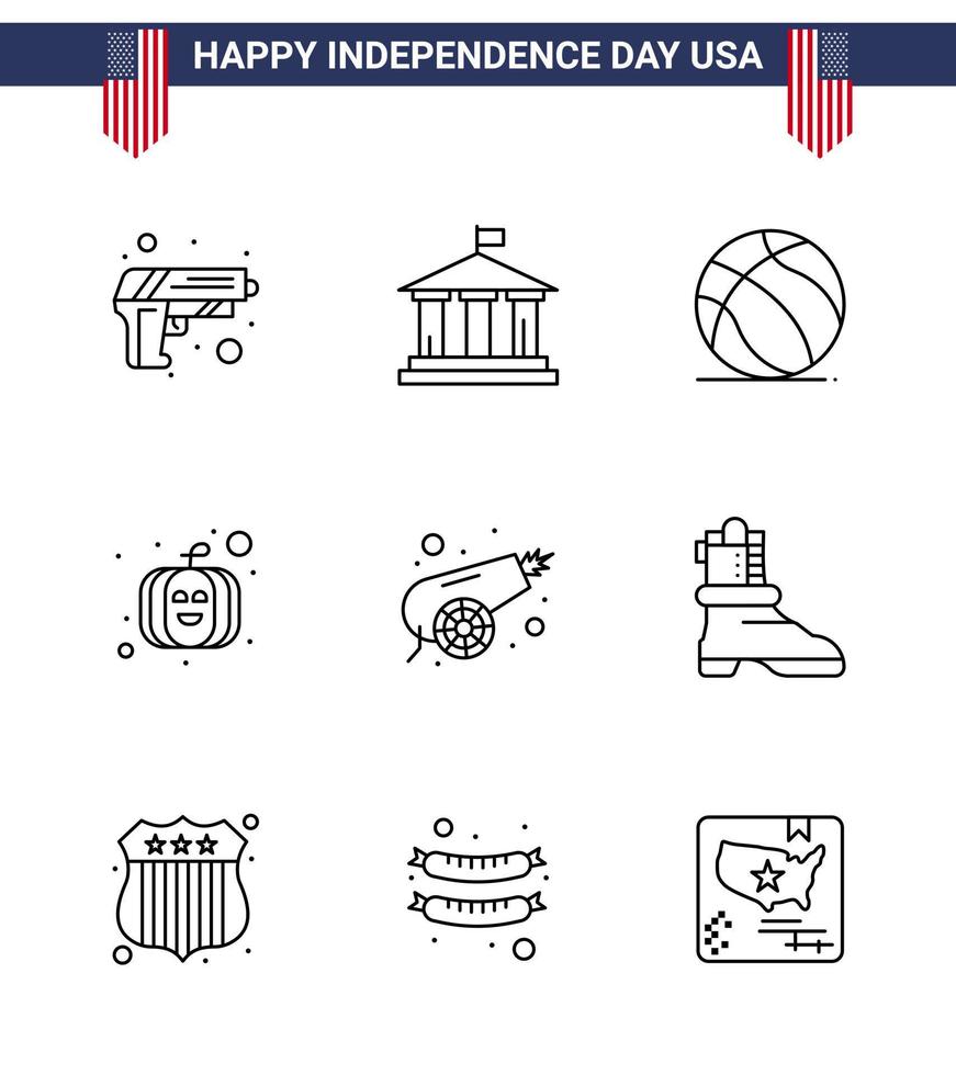 Group of 9 Lines Set for Independence day of United States of America such as war army football usa festival american Editable USA Day Vector Design Elements