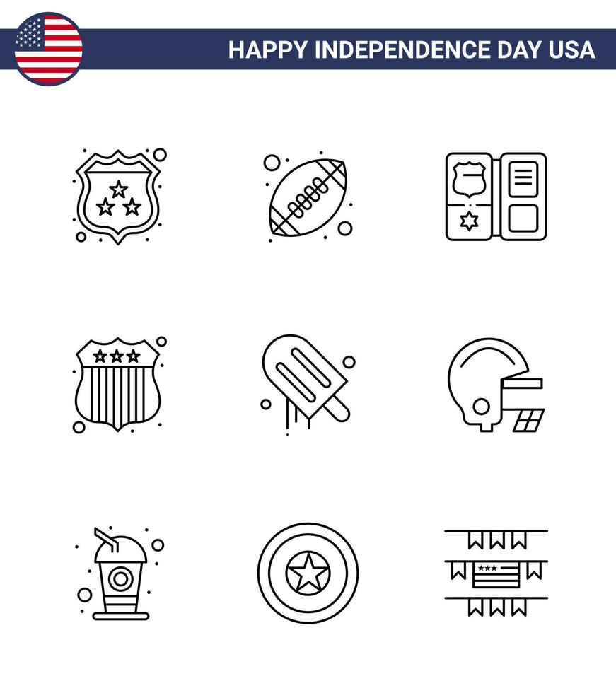 Line Pack of 9 USA Independence Day Symbols of american icecream book usa police badge Editable USA Day Vector Design Elements