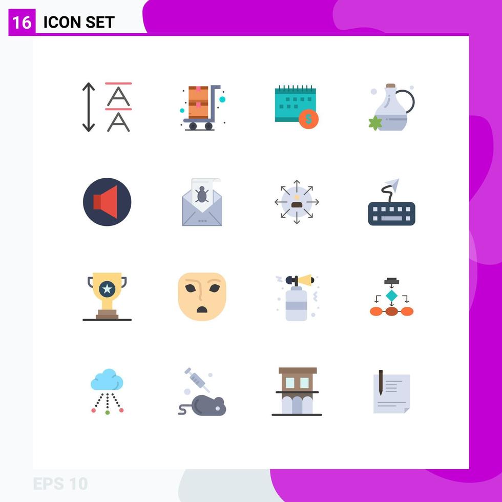 grupo universal de símbolos de iconos de 16 colores planos modernos de jarra de sonido de dinero de altavoz de error paquete editable de elementos creativos de diseño de vectores