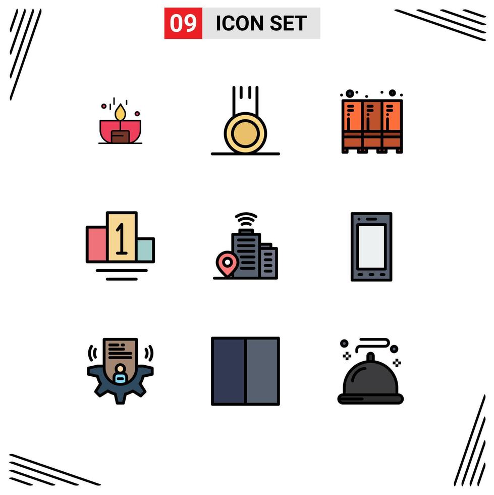 Mobile Interface Filledline Flat Color Set of 9 Pictograms of location building sport sport storage Editable Vector Design Elements