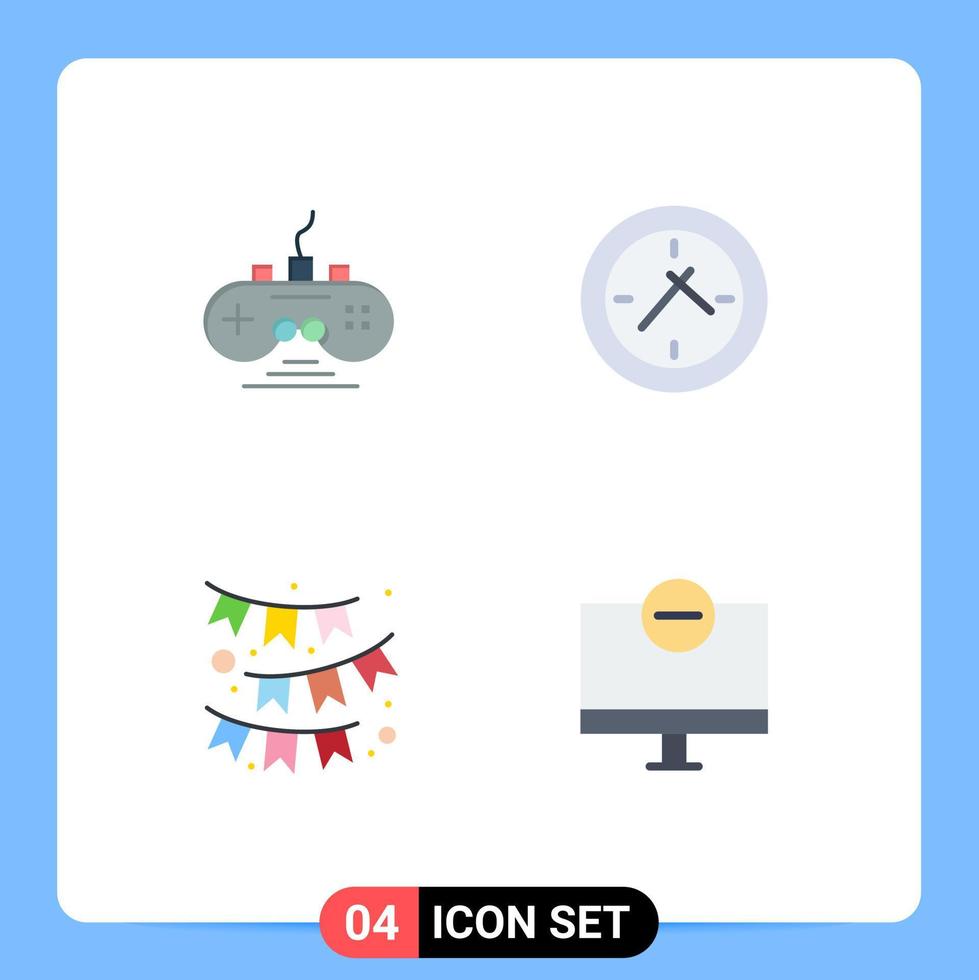 Mobile Interface Flat Icon Set of 4 Pictograms of controller party game pad clock computers Editable Vector Design Elements