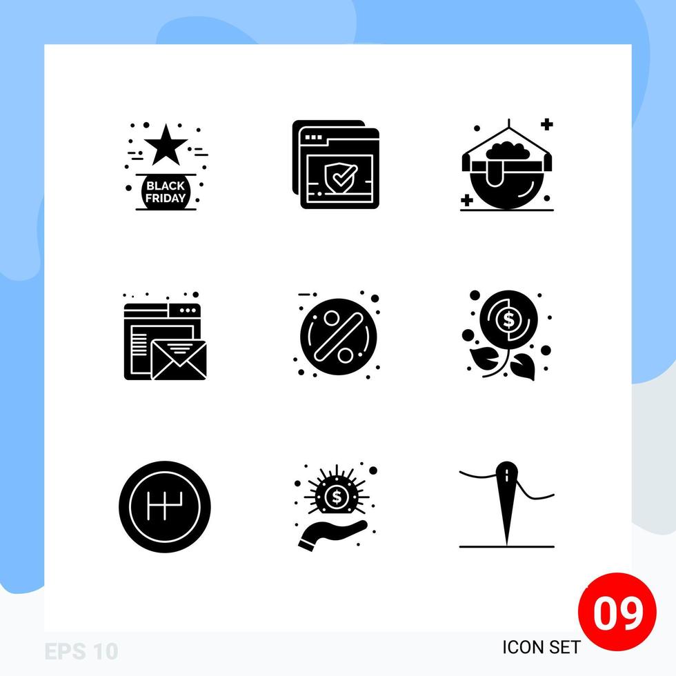 Set of 9 Commercial Solid Glyphs pack for sale mail web email pot Editable Vector Design Elements