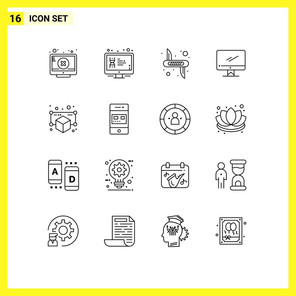 User Interface Pack of 16 Basic Outlines of imac monitor screen computer army Editable Vector Design Elements