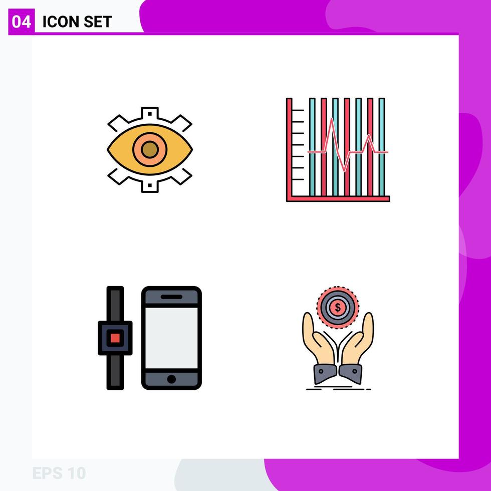 4 Universal Filledline Flat Colors Set for Web and Mobile Applications eye statistics business production recovery Editable Vector Design Elements