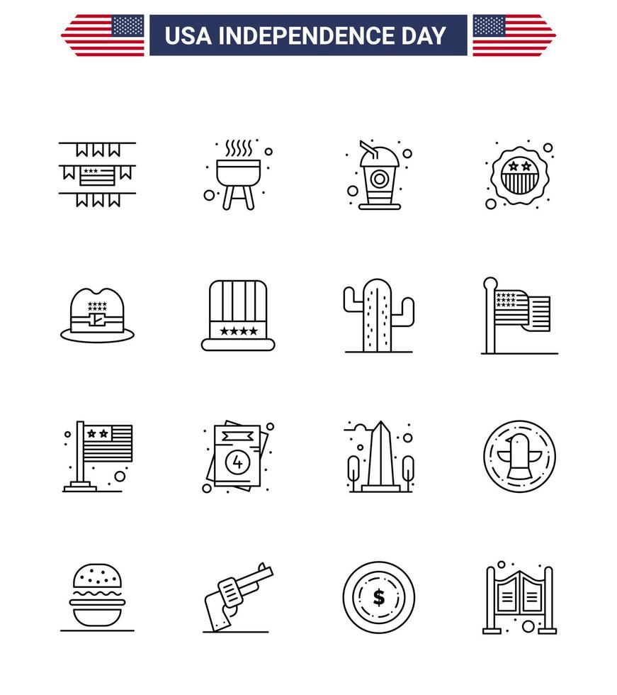 16 USA Line Signs Independence Day Celebration Symbols of hat cap drink hat badge Editable USA Day Vector Design Elements