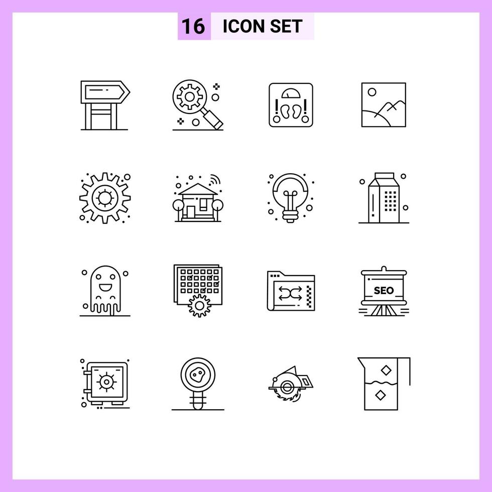 Pack of 16 Modern Outlines Signs and Symbols for Web Print Media such as setting gear medical sun gallery Editable Vector Design Elements