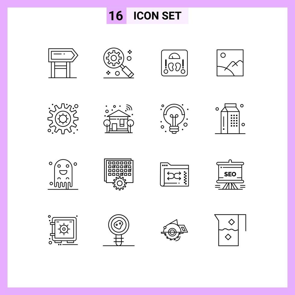 paquete de 16 signos y símbolos de contornos modernos para medios de impresión web, como elementos de diseño de vectores editables de la galería de sol médico de engranajes