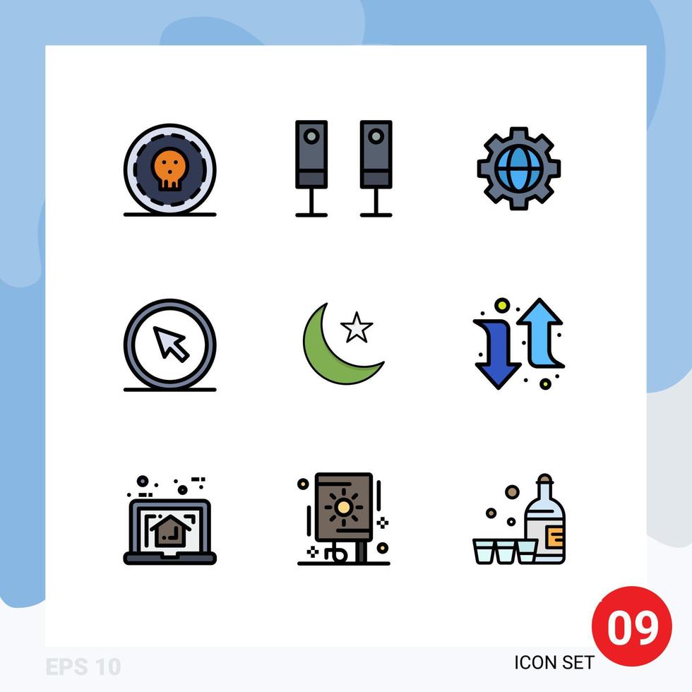 Universal Icon Symbols Group of 9 Modern Filledline Flat Colors of night pointer gear point cursor Editable Vector Design Elements