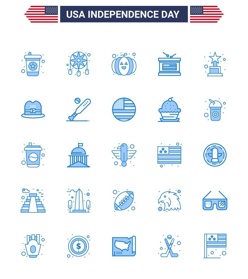 Pack of 25 creative USA Independence Day related Blues of hat award pumpkin achievement independece Editable USA Day Vector Design Elements