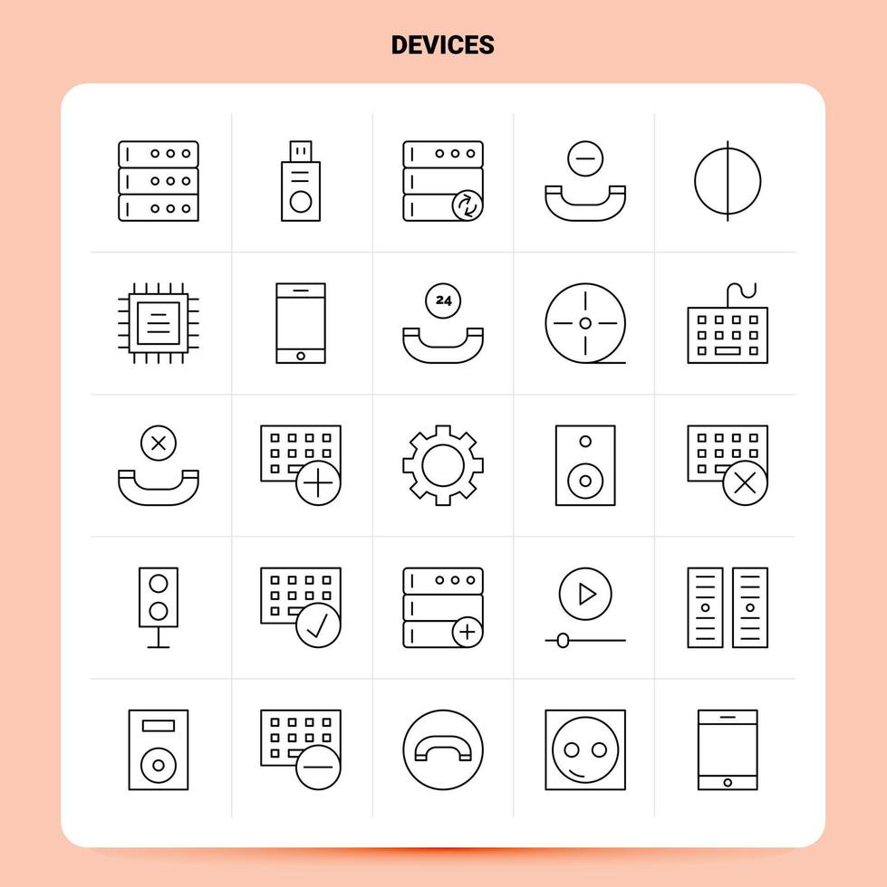 OutLine 25 Devices Icon set Vector Line Style Design Black Icons Set Linear pictogram pack Web and Mobile Business ideas design Vector Illustration