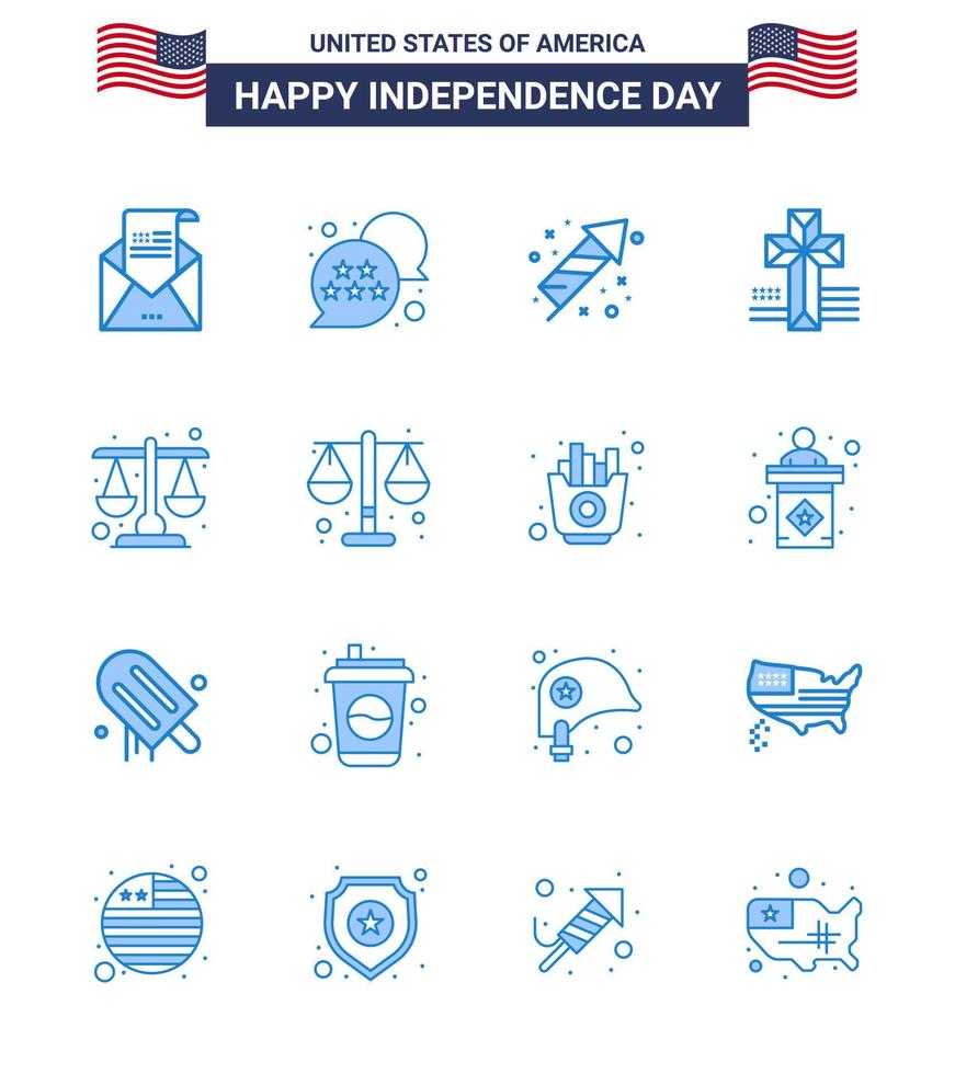 Happy Independence Day 4th July Set of 16 Blues American Pictograph of justice church chat bubble cross holiday Editable USA Day Vector Design Elements