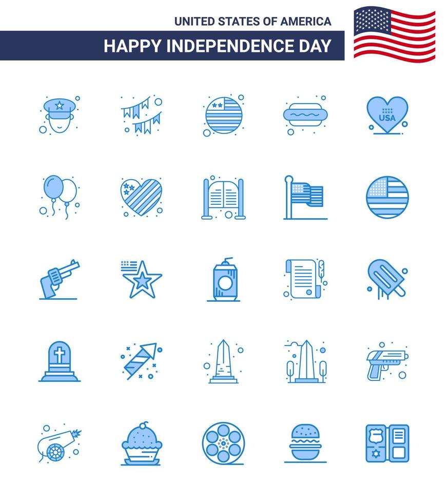 paquete de iconos de vector de stock del día americano 25 signos y símbolos azules para el país del corazón americano hot i dog elementos de diseño de vector de día de estados unidos editables