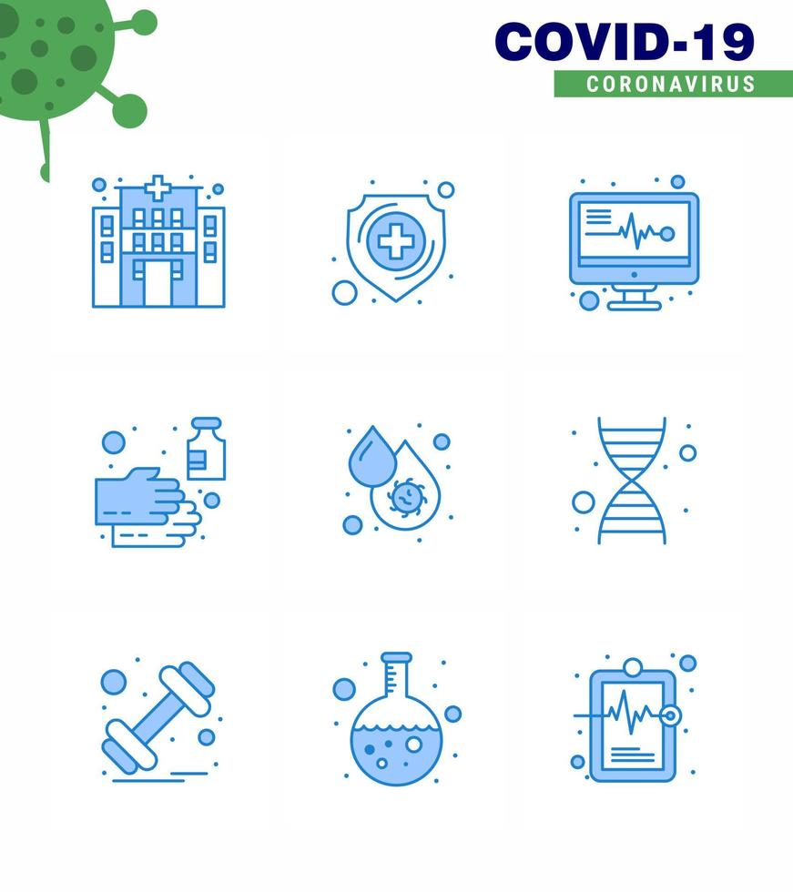 Covid19 icon set for infographic 9 Blue pack such as dengue blood medical monitor sanitizer soap viral coronavirus 2019nov disease Vector Design Elements