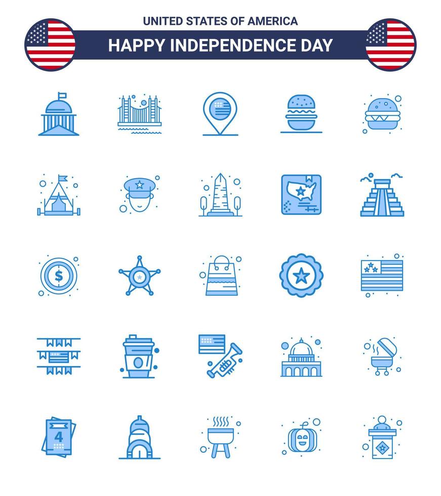 paquete de iconos de vectores de acciones del día americano 25 signos y símbolos azules para la ubicación de los signos emblemáticos de hamburguesas americanas elementos de diseño de vectores editables del día de EE. UU.