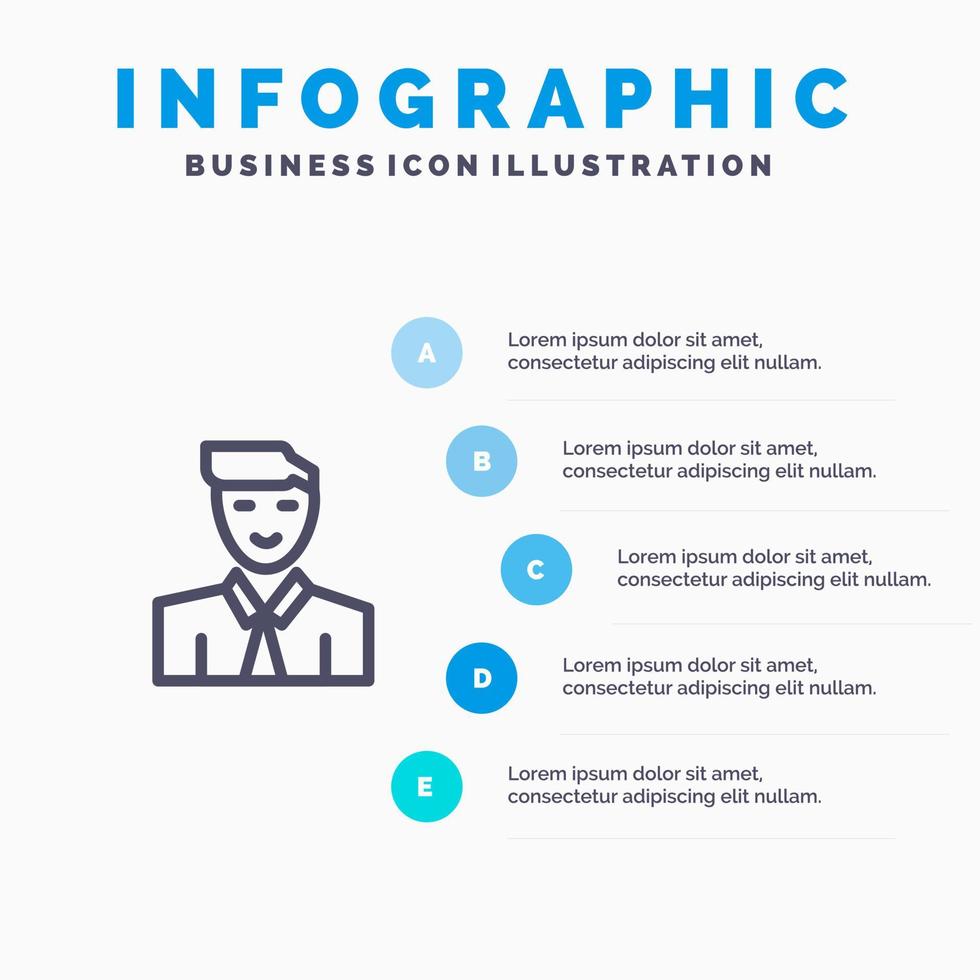 hombre usuario estudiante maestro avatar línea icono con 5 pasos presentación infografía fondo vector