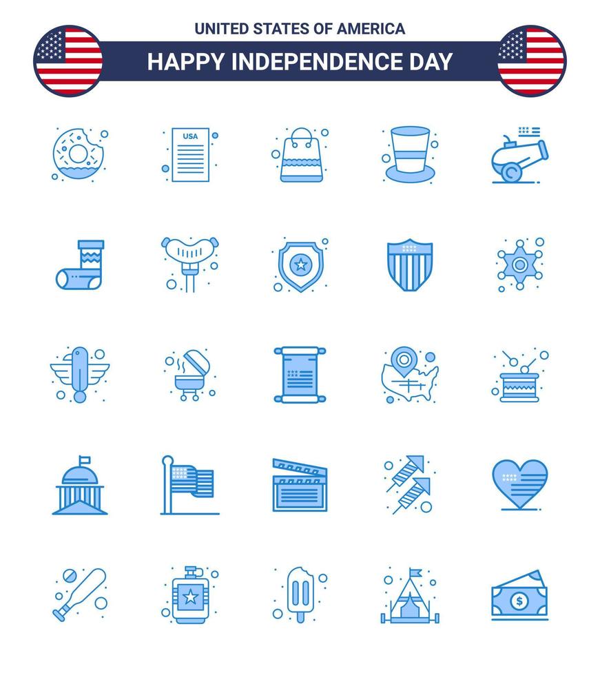 25 USA Blue Signs Independence Day Celebration Symbols of howitzer big gun money magic hat cap Editable USA Day Vector Design Elements