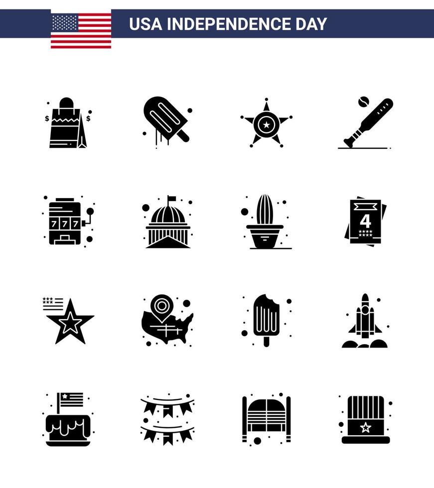 Group of 16 Solid Glyphs Set for Independence day of United States of America such as casino sports men bat ball Editable USA Day Vector Design Elements