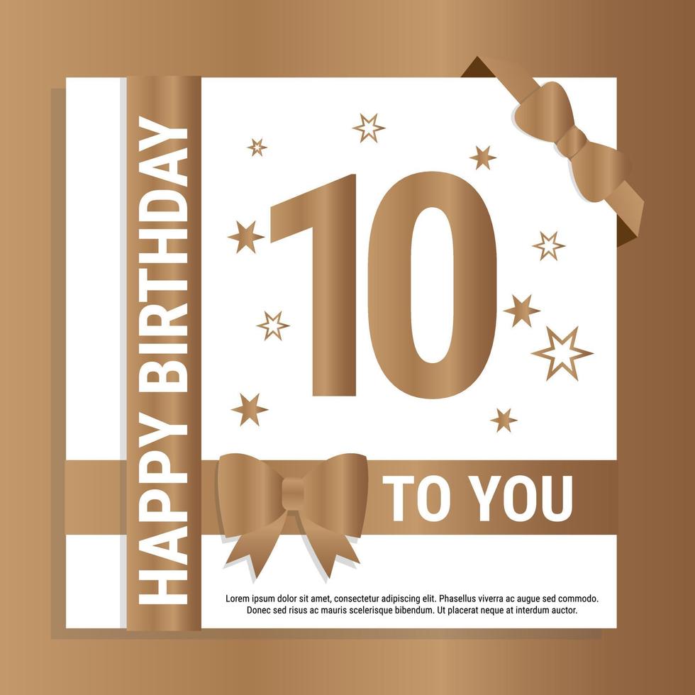 Happy 10th Birthday. Gold numerals and glittering gold ribbons. Festive background. Decoration for party event, greeting card and invitation, design template for birthday celebration. Eps10 Vector