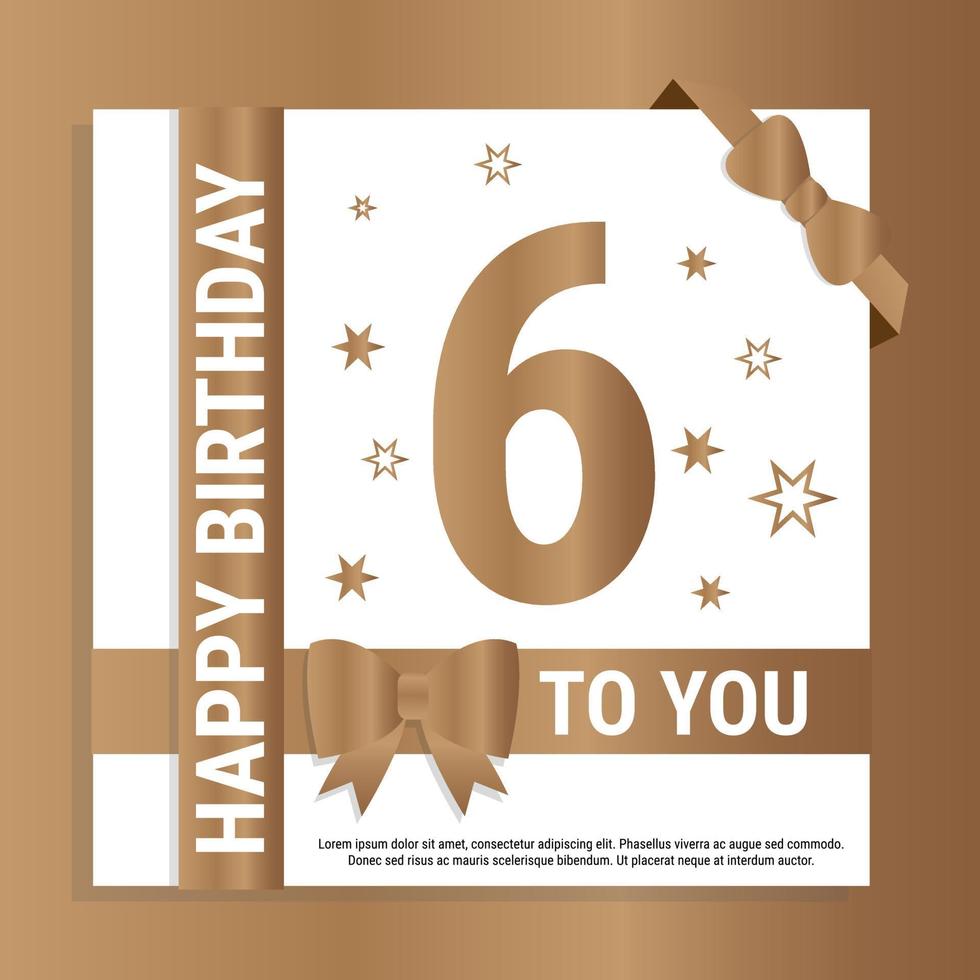 Happy 6th Birthday. Gold numerals and glittering gold ribbons. Festive background. Decoration for party event, greeting card and invitation, design template for birthday celebration. Eps10 Vector