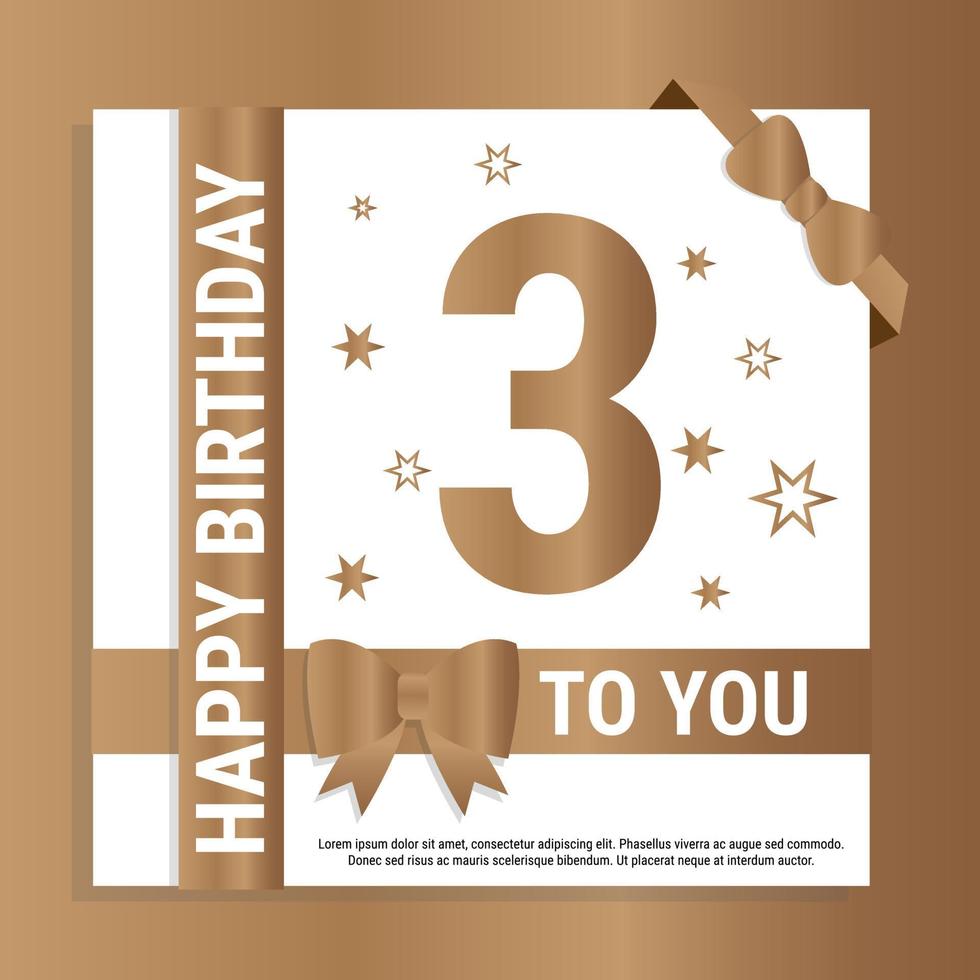 Happy 3rd Birthday. Gold numerals and glittering gold ribbons. Festive background. Decoration for party event, greeting card and invitation, design template for birthday celebration. Eps10 Vector