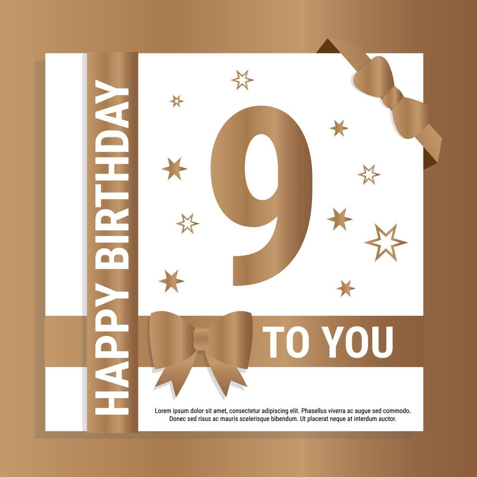 Happy 9th Birthday. Gold numerals and glittering gold ribbons. Festive background. Decoration for party event, greeting card and invitation, design template for birthday celebration. Eps10 Vector