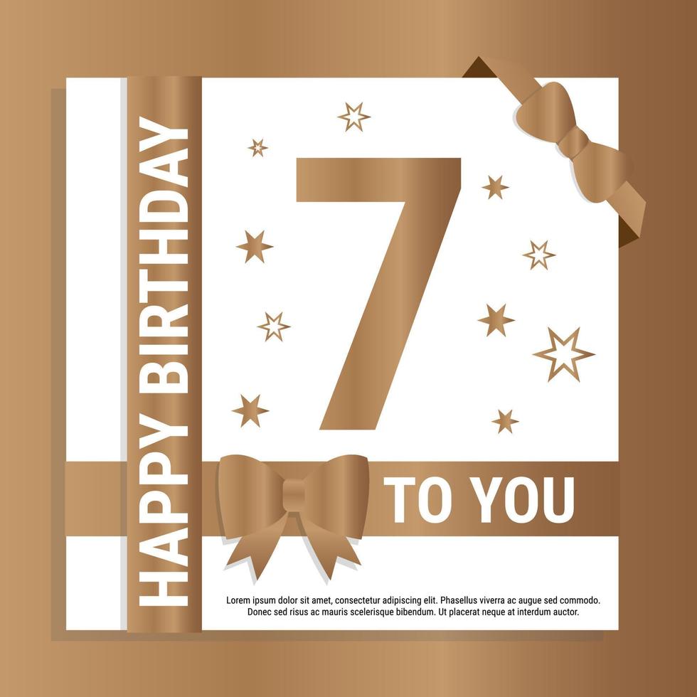 Happy 7th Birthday. Gold numerals and glittering gold ribbons. Festive background. Decoration for party event, greeting card and invitation, design template for birthday celebration. Eps10 Vector