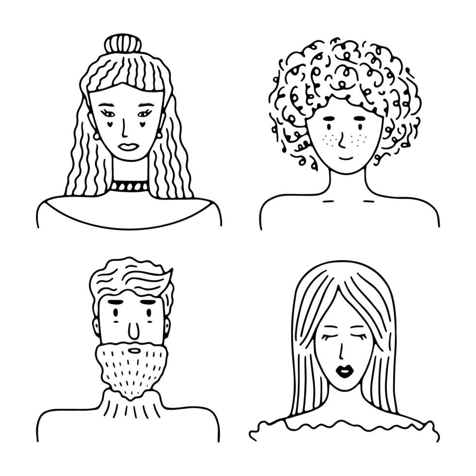 Set of people avatars for social media, website. Doodle portraits fashionable girls and guys. Trendy hand drawn icons collection. Black and white vector illustration