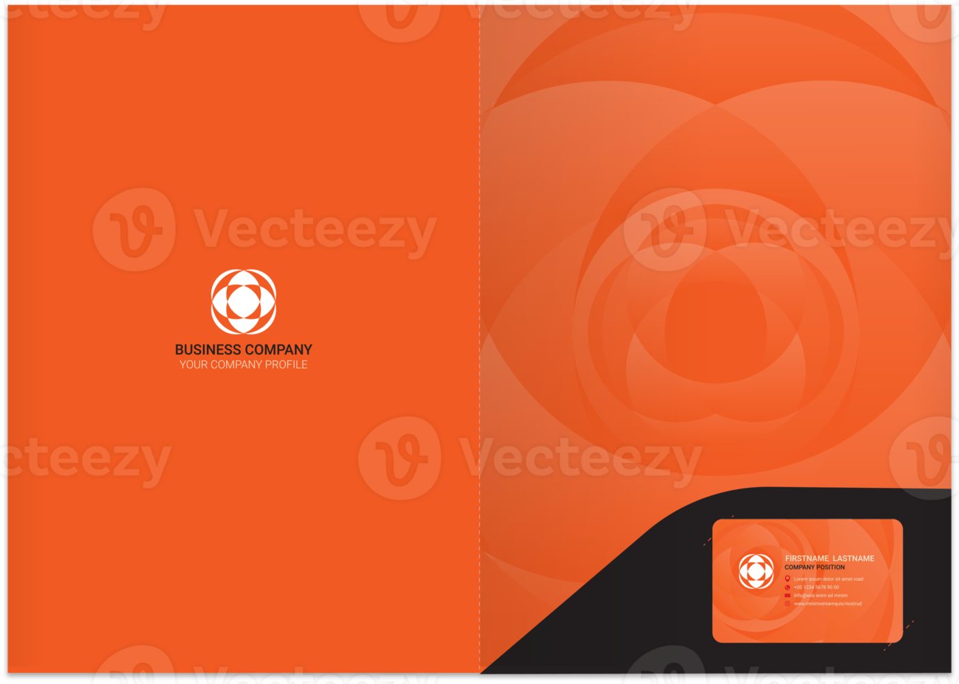 Professional business stationery items set black orange modern color styles png illustration